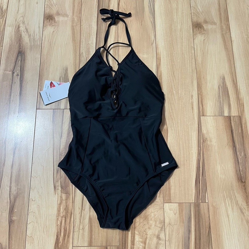 Venice Beach Black Active One Piece Swimsuit 34C/D Lace Front Detail Hook Back